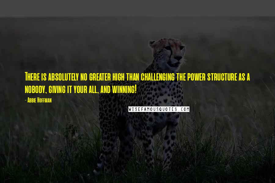 Abbie Hoffman Quotes: There is absolutely no greater high than challenging the power structure as a nobody, giving it your all, and winning!