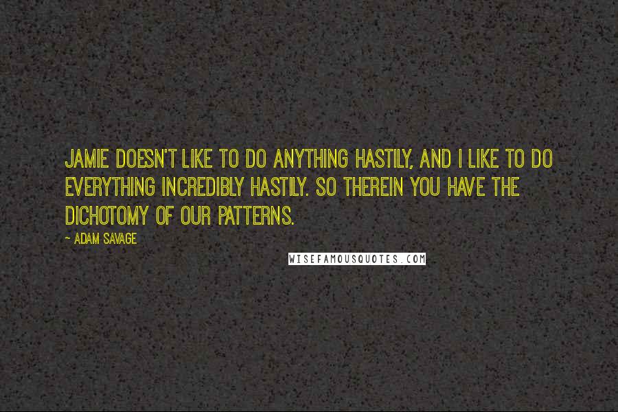 Adam Savage Quotes: Jamie doesn't like to do anything hastily, and I like to do everything incredibly hastily. So therein you have the dichotomy of our patterns.