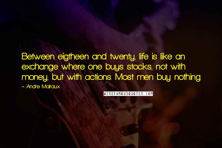 Andre Malraux Quotes: Between eigtheen and twenty, life is like an exchange where one buys stocks, not with money, but with actions. Most men buy nothing.