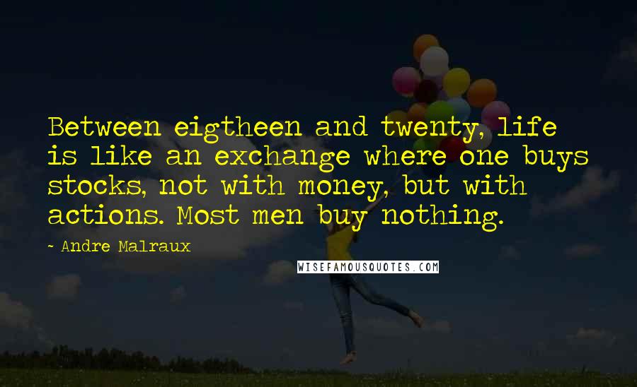 Andre Malraux Quotes: Between eigtheen and twenty, life is like an exchange where one buys stocks, not with money, but with actions. Most men buy nothing.