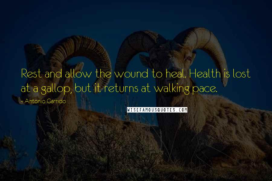 Antonio Garrido Quotes: Rest and allow the wound to heal. Health is lost at a gallop, but it returns at walking pace.