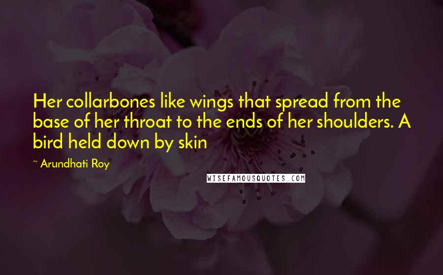 Arundhati Roy Quotes: Her collarbones like wings that spread from the base of her throat to the ends of her shoulders. A bird held down by skin