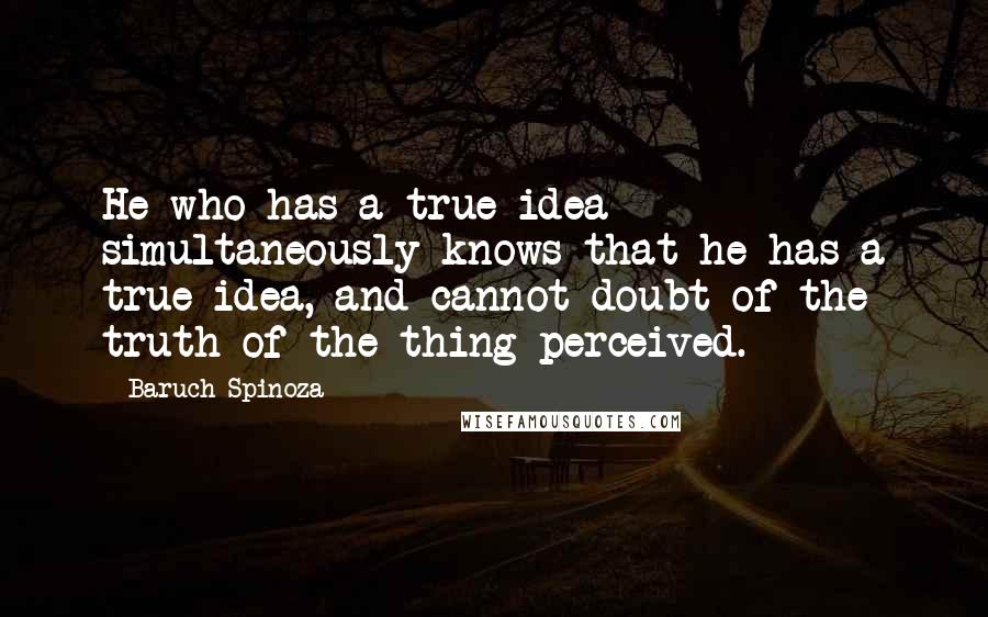 Baruch Spinoza Quotes: He who has a true idea simultaneously knows that he has a true idea, and cannot doubt of the truth of the thing perceived.