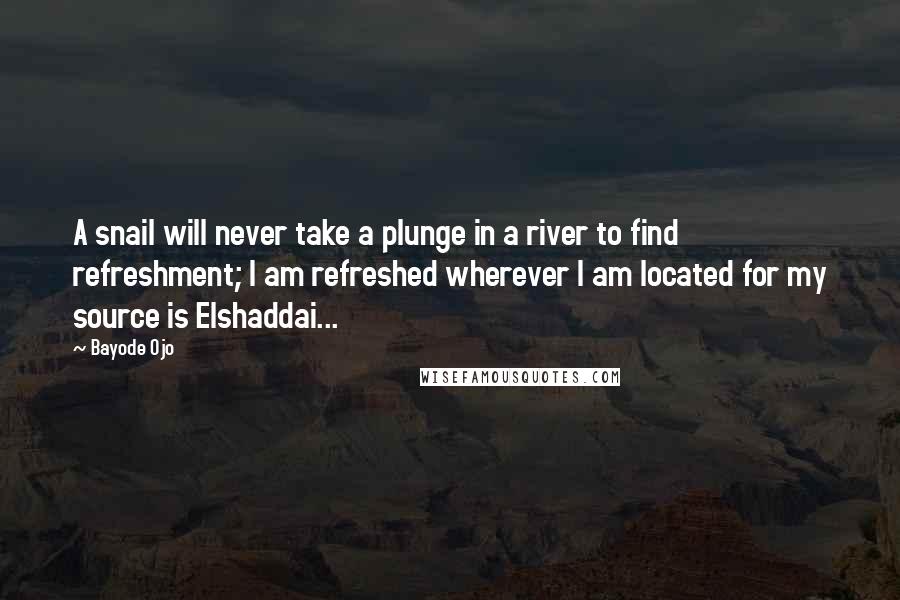 Bayode Ojo Quotes: A snail will never take a plunge in a river to find refreshment; I am refreshed wherever I am located for my source is Elshaddai...