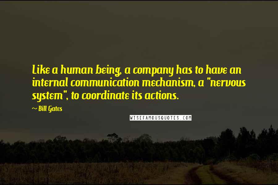 Bill Gates Quotes: Like a human being, a company has to have an internal communication mechanism, a "nervous system", to coordinate its actions.