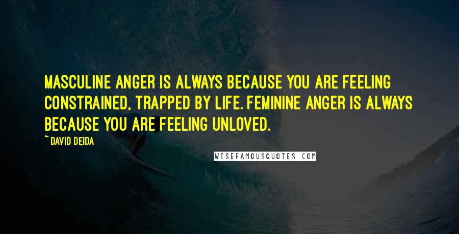 David Deida Quotes: Masculine anger is always because you are feeling constrained, trapped by life. Feminine anger is always because you are feeling unloved.