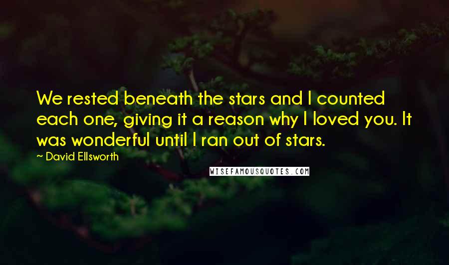 David Ellsworth Quotes: We rested beneath the stars and I counted each one, giving it a reason why I loved you. It was wonderful until I ran out of stars.