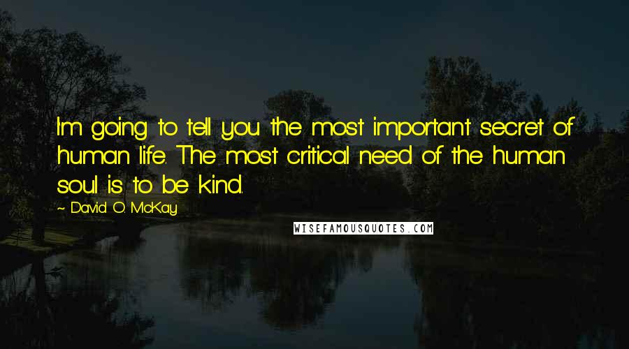 David O. McKay Quotes: I'm going to tell you the most important secret of human life. The most critical need of the human soul is to be kind.