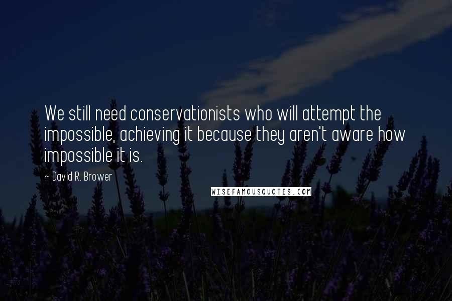 David R. Brower Quotes: We still need conservationists who will attempt the impossible, achieving it because they aren't aware how impossible it is.