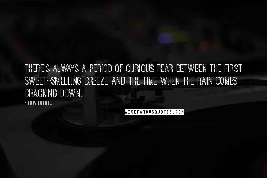 Don DeLillo Quotes: There's always a period of curious fear between the first sweet-smelling breeze and the time when the rain comes cracking down.