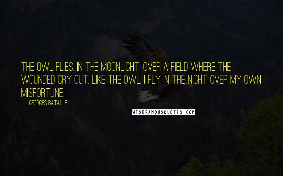 Georges Bataille Quotes: The owl flies, in the moonlight, over a field where the wounded cry out. Like the owl, I fly in the night over my own misfortune.