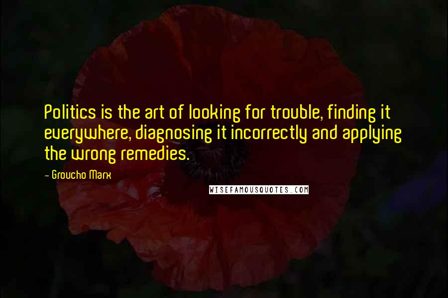 Groucho Marx Quotes: Politics is the art of looking for trouble, finding it everywhere, diagnosing it incorrectly and applying the wrong remedies.