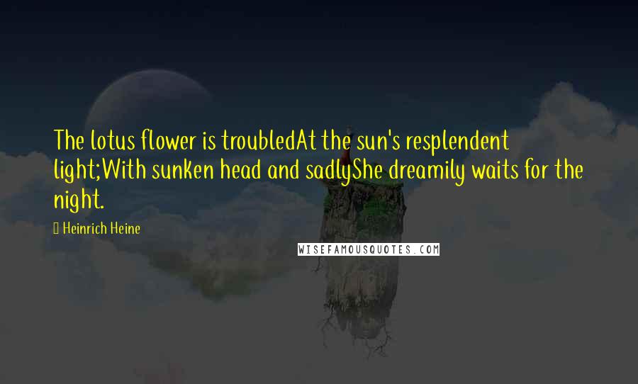 Heinrich Heine Quotes: The lotus flower is troubledAt the sun's resplendent light;With sunken head and sadlyShe dreamily waits for the night.