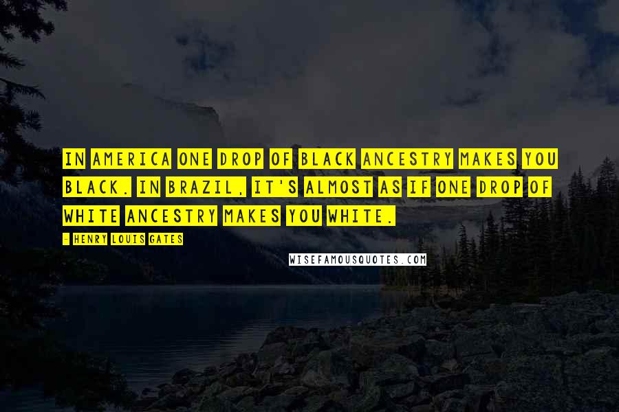 Henry Louis Gates Quotes: In America one drop of black ancestry makes you black. In Brazil, it's almost as if one drop of white ancestry makes you white.