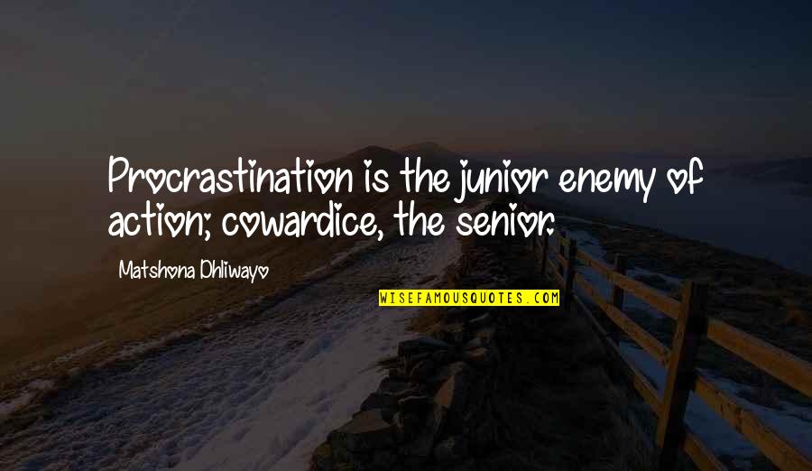 22 Daily Quotes By Matshona Dhliwayo: Procrastination is the junior enemy of action; cowardice,