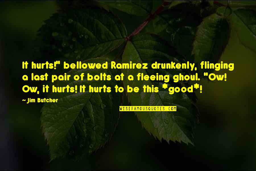 A Pair Quotes By Jim Butcher: It hurts!" bellowed Ramirez drunkenly, flinging a last