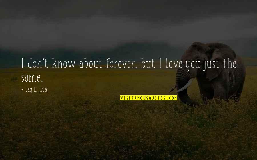 Breakups Quotes By Jay E. Tria: I don't know about forever, but I love