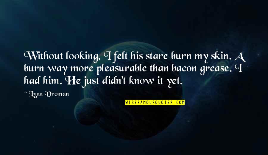 Derba Cement Quotes By Lynn Vroman: Without looking, I felt his stare burn my