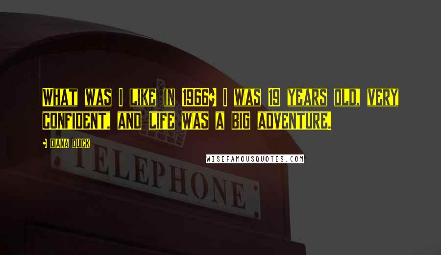 Diana Quick quotes: What was I like in 1966? I was 19 years old, very confident, and life was a big adventure.