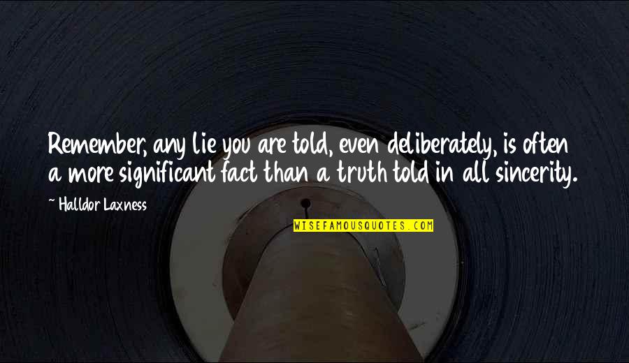 Fact Versus Fiction Quotes By Halldor Laxness: Remember, any lie you are told, even deliberately,