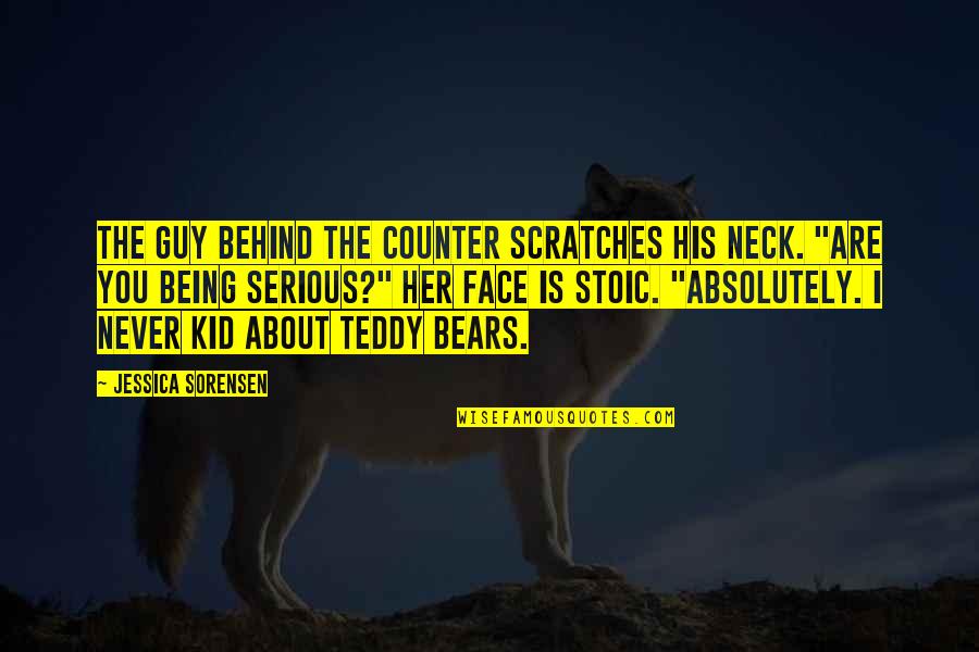 Funny But Serious Quotes By Jessica Sorensen: The guy behind the counter scratches his neck.