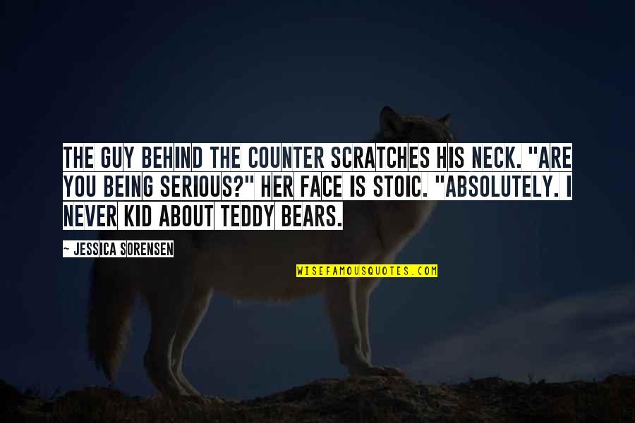 Funny Counter Quotes By Jessica Sorensen: The guy behind the counter scratches his neck.