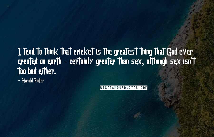 Harold Pinter quotes: I tend to think that cricket is the greatest thing that God ever created on earth - certainly greater than sex, although sex isn't too bad either.