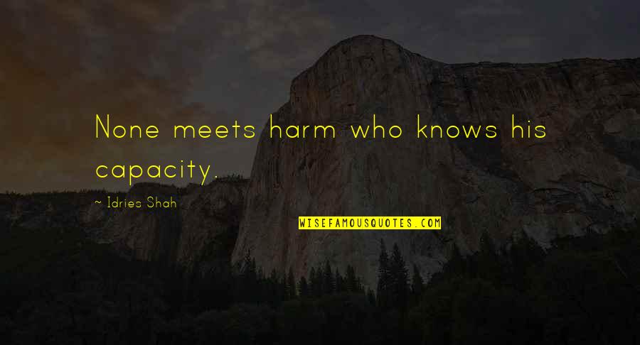 Hurlements En Quotes By Idries Shah: None meets harm who knows his capacity.