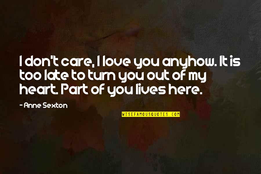 I Don't Care You Quotes By Anne Sexton: I don't care, I love you anyhow. It