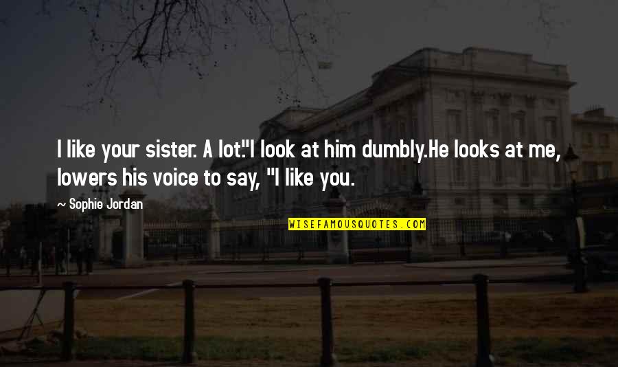 I Look Up To My Sister Quotes By Sophie Jordan: I like your sister. A lot."I look at