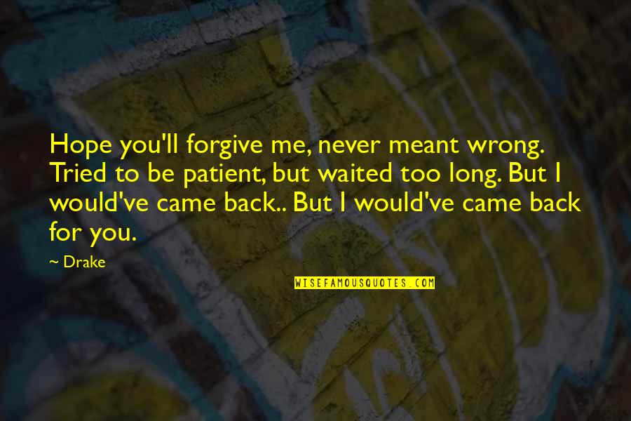 I've Waited For You Quotes By Drake: Hope you'll forgive me, never meant wrong. Tried