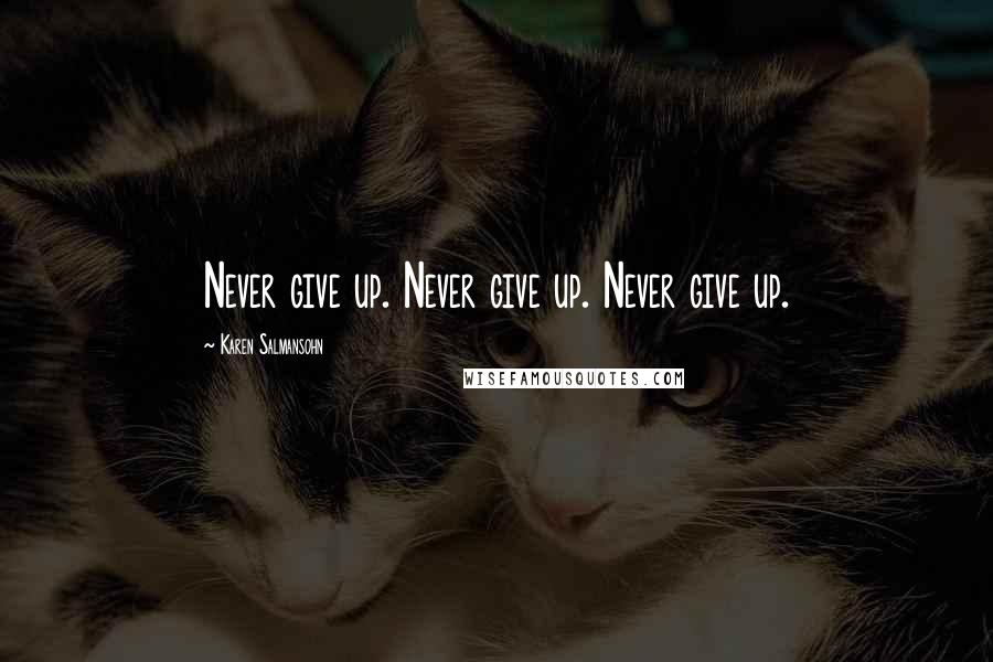 Karen Salmansohn quotes: Never give up. Never give up. Never give up.