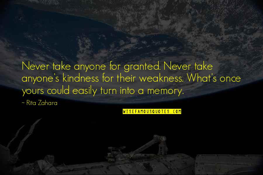 Kindness For Weakness Quotes By Rita Zahara: Never take anyone for granted. Never take anyone's