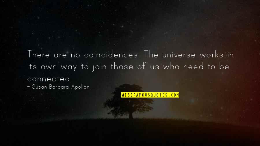 Need A Miracle Quotes By Susan Barbara Apollon: There are no coincidences. The universe works in