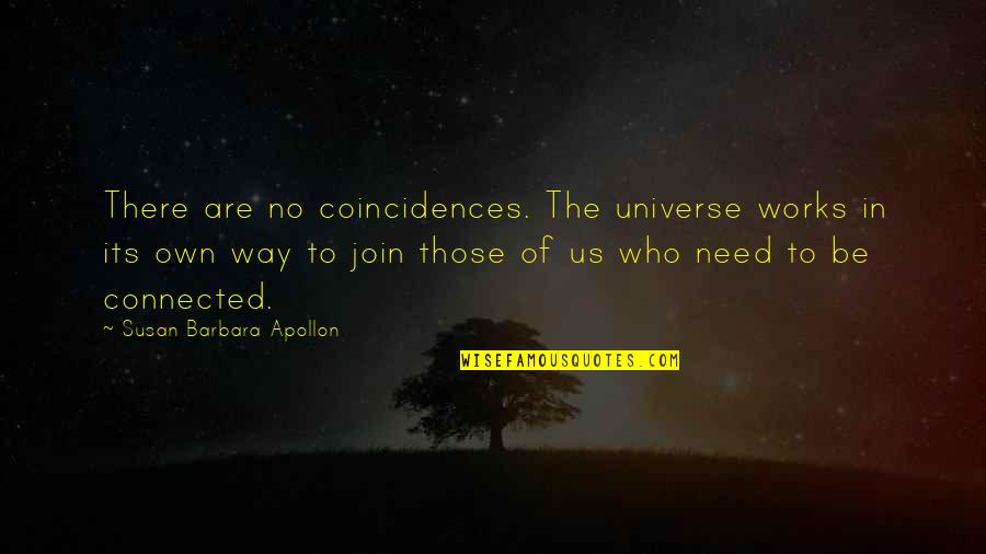 No Coincidences Quotes By Susan Barbara Apollon: There are no coincidences. The universe works in