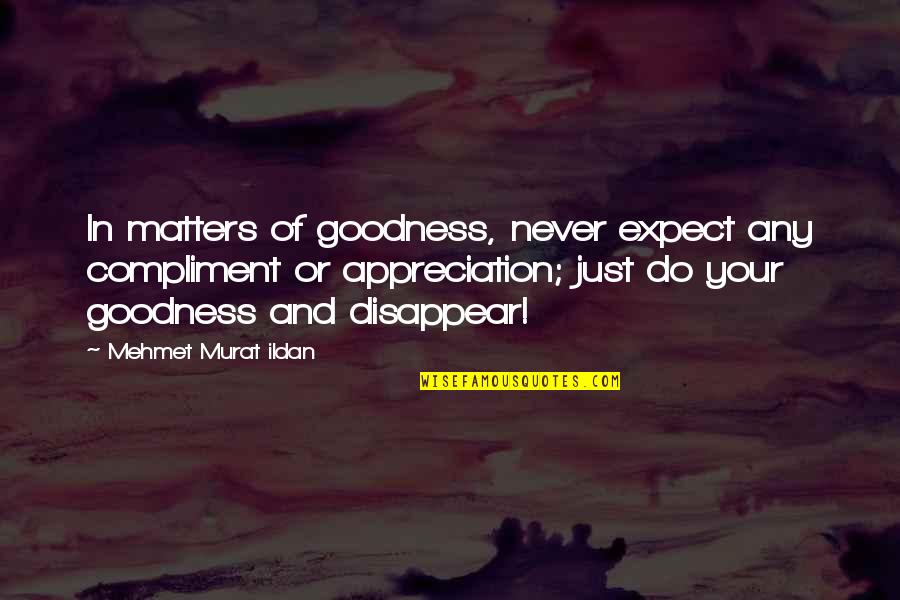 Nyssen Industries Quotes By Mehmet Murat Ildan: In matters of goodness, never expect any compliment