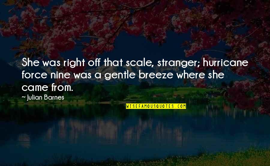 She Came Quotes By Julian Barnes: She was right off that scale, stranger; hurricane