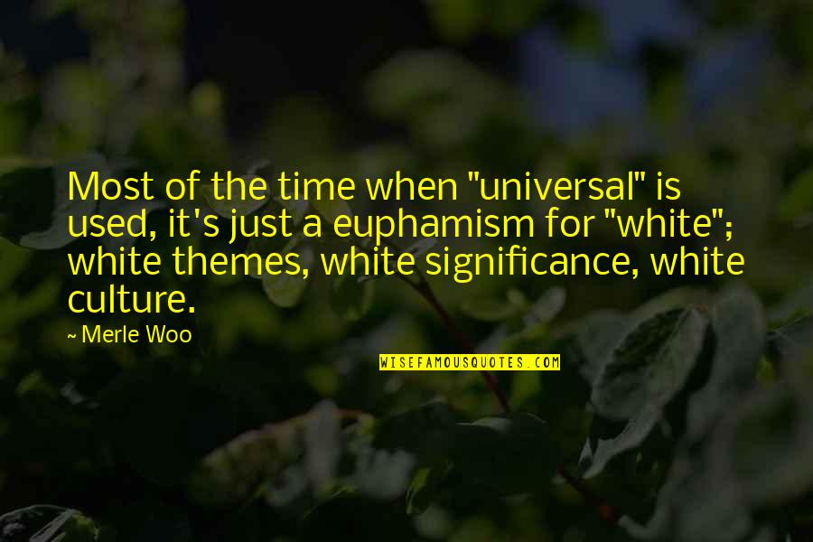 Sub Themes Quotes By Merle Woo: Most of the time when "universal" is used,