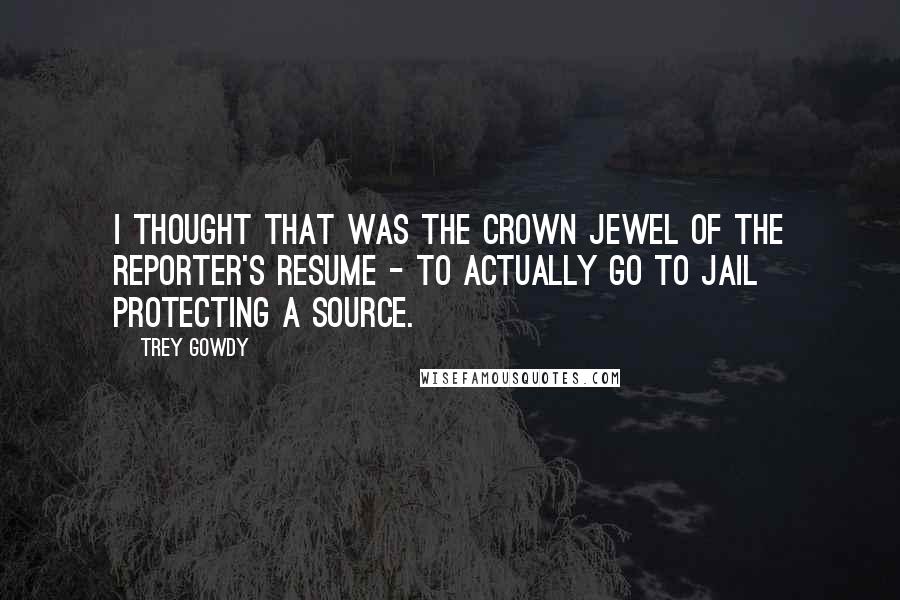 Trey Gowdy quotes: I thought that was the crown jewel of the reporter's resume - to actually go to jail protecting a source.