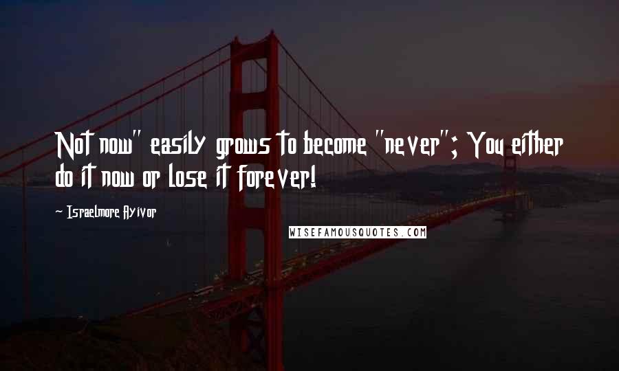 Israelmore Ayivor Quotes: Not now" easily grows to become "never"; You either do it now or lose it forever!