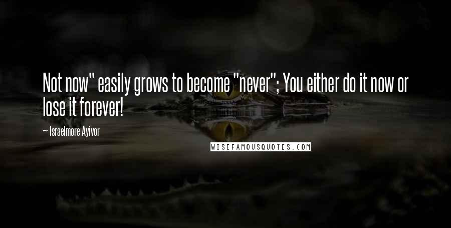 Israelmore Ayivor Quotes: Not now" easily grows to become "never"; You either do it now or lose it forever!