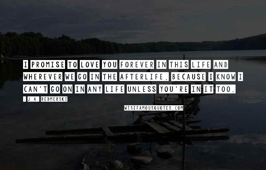 J.A. Redmerski Quotes: I promise to love you forever in this life and wherever we go in the afterlife, because I know I can't go on in any life unless you're in it too.