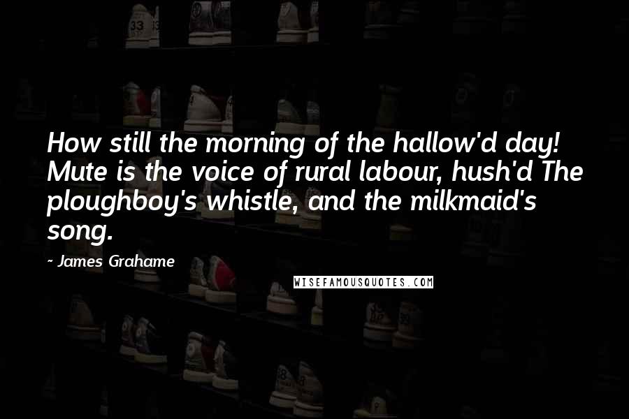 James Grahame Quotes: How still the morning of the hallow'd day! Mute is the voice of rural labour, hush'd The ploughboy's whistle, and the milkmaid's song.