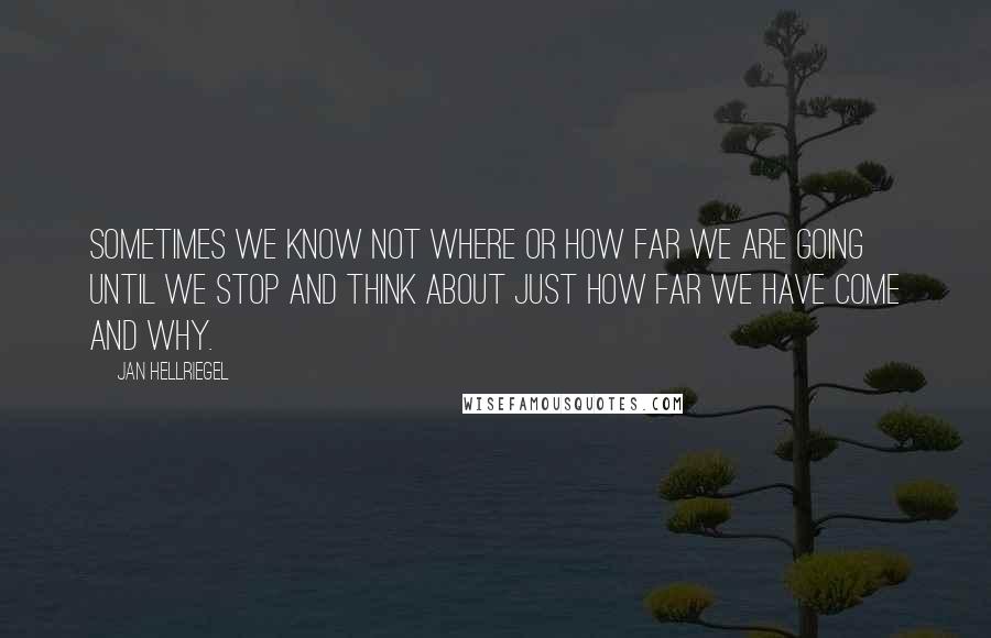 Jan Hellriegel Quotes: Sometimes we know not where or how far we are going until we stop and think about just how far we have come and why.