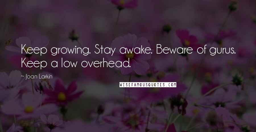 Joan Larkin Quotes: Keep growing. Stay awake. Beware of gurus. Keep a low overhead.