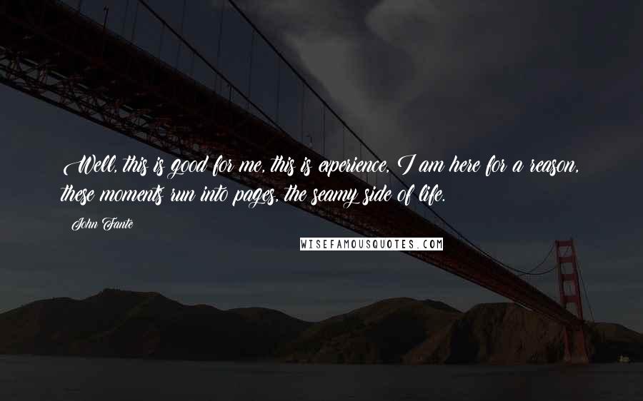 John Fante Quotes: Well, this is good for me, this is experience, I am here for a reason, these moments run into pages, the seamy side of life.