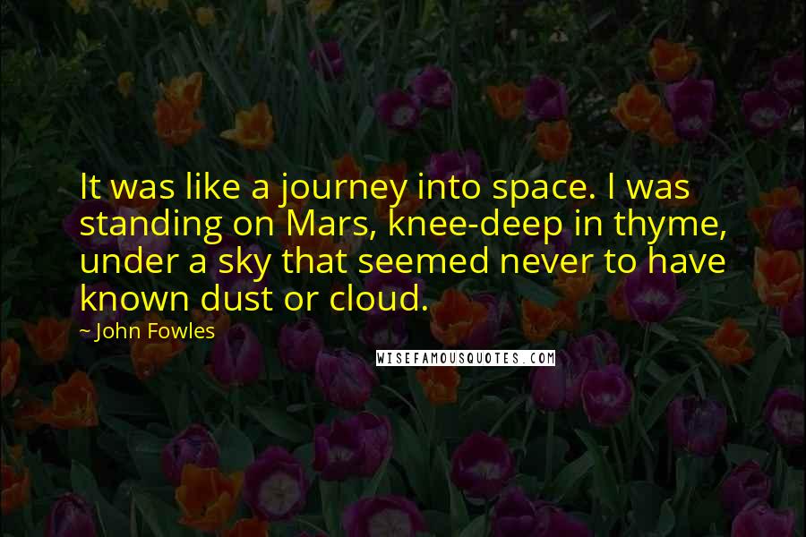 John Fowles Quotes: It was like a journey into space. I was standing on Mars, knee-deep in thyme, under a sky that seemed never to have known dust or cloud.