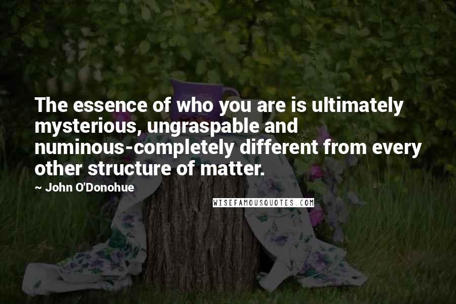 John O'Donohue Quotes: The essence of who you are is ultimately mysterious, ungraspable and numinous-completely different from every other structure of matter.