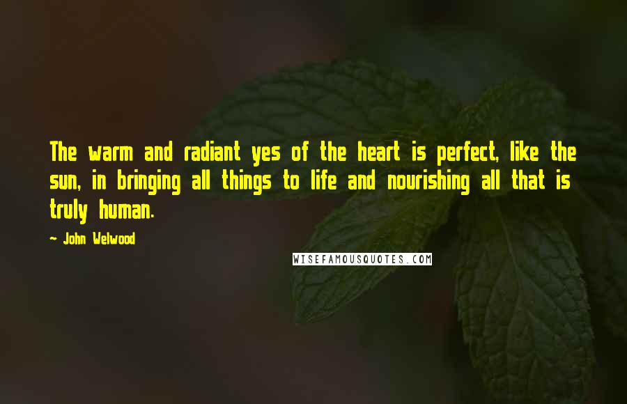 John Welwood Quotes: The warm and radiant yes of the heart is perfect, like the sun, in bringing all things to life and nourishing all that is truly human.