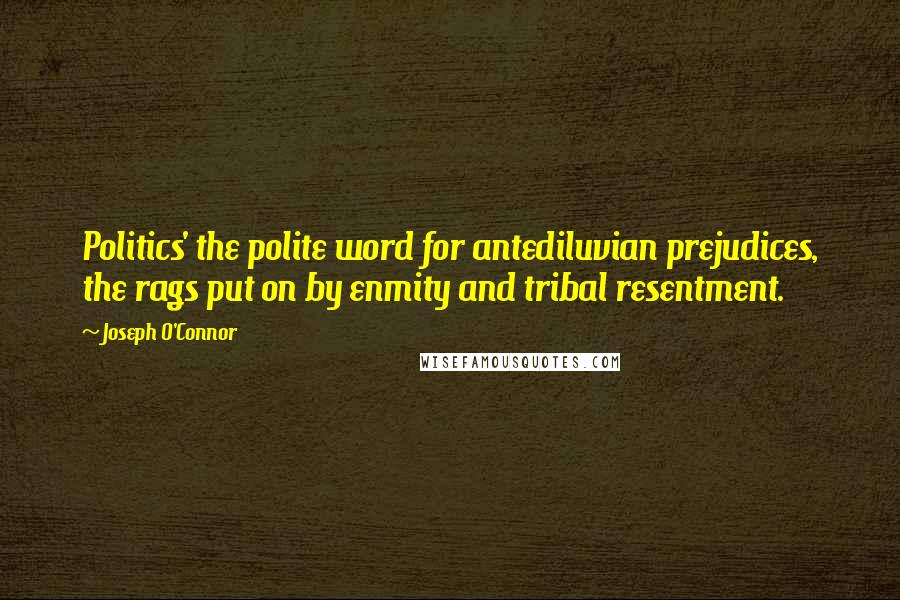 Joseph O'Connor Quotes: Politics' the polite word for antediluvian prejudices, the rags put on by enmity and tribal resentment.